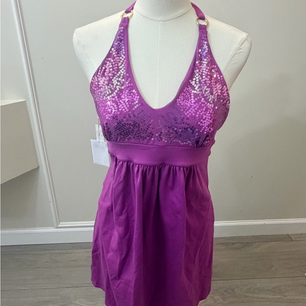 Sequin Halter Mini Dress in Violet - Picture 4 of 9